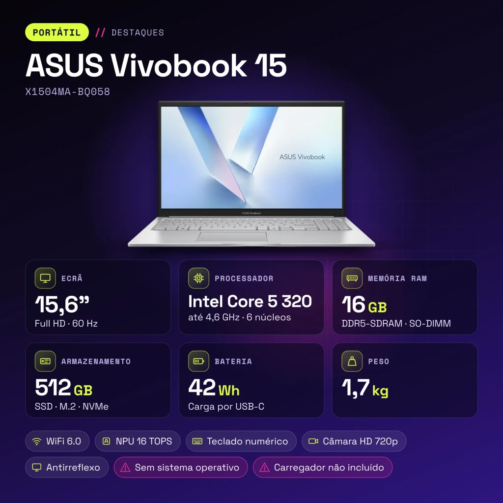 Portátil ASUS Vivobook 15 16GB/512GB 15.6 pulgadas Full HD Intel Core 5 320 SSD NVMe PCIe 4.0 Sin Sistema Operativo Plata X1504MA-BQ058 - características