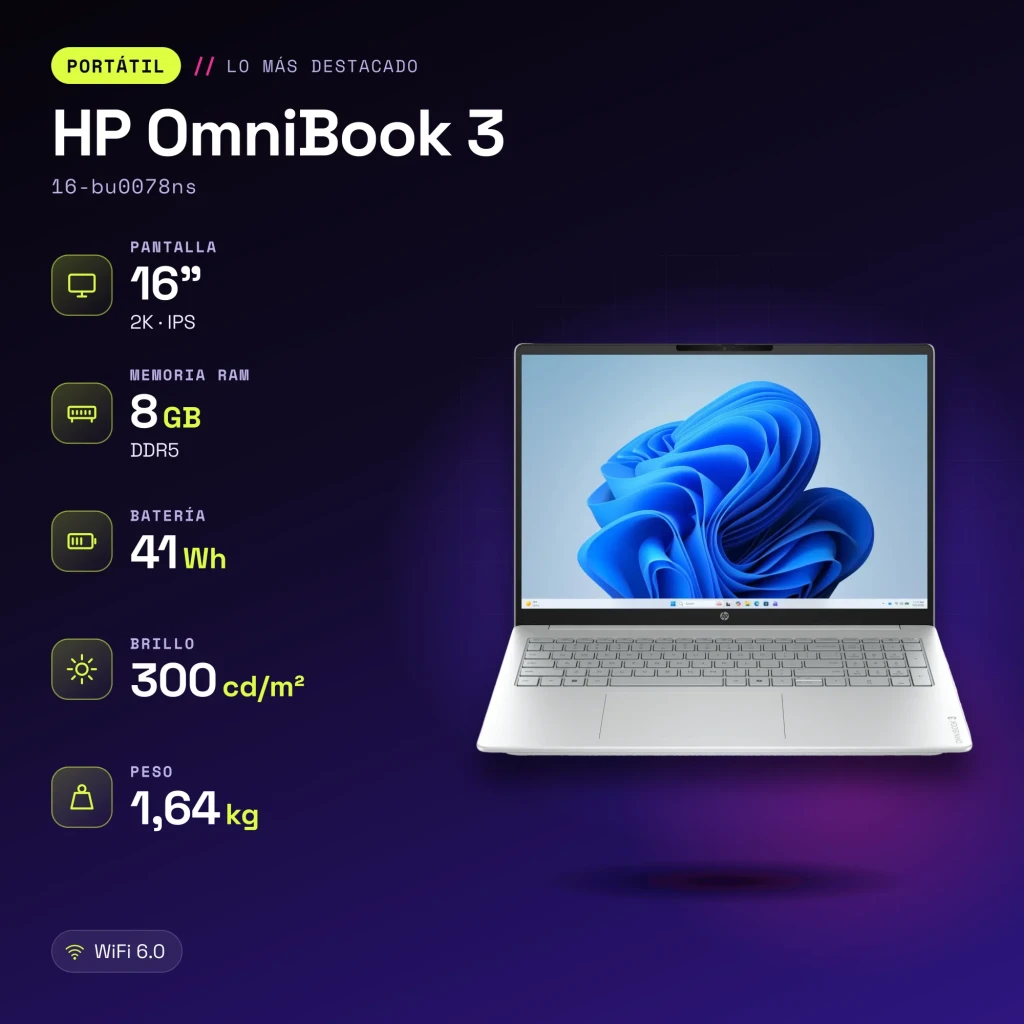 Portátil HP OmniBook 3 8GB/512GB 16 polegadas IPS 2K Intel Core 3 100U SSD NVMe PCIe 4.0 Windows 11 Home Cinzento 16-bu0078ns - características