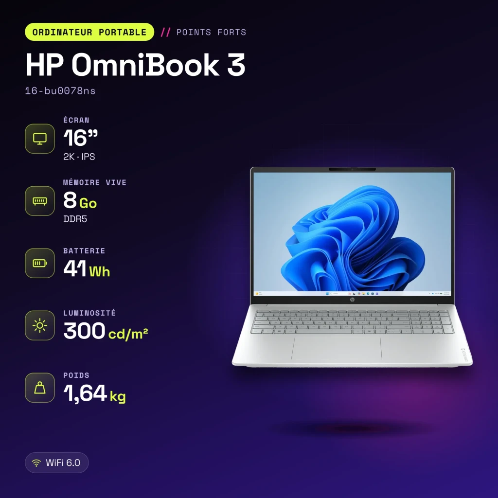 Portátil HP OmniBook 3 8GB/512GB 16 polegadas IPS 2K Intel Core 3 100U SSD NVMe PCIe 4.0 Windows 11 Home Cinzento 16-bu0078ns - características