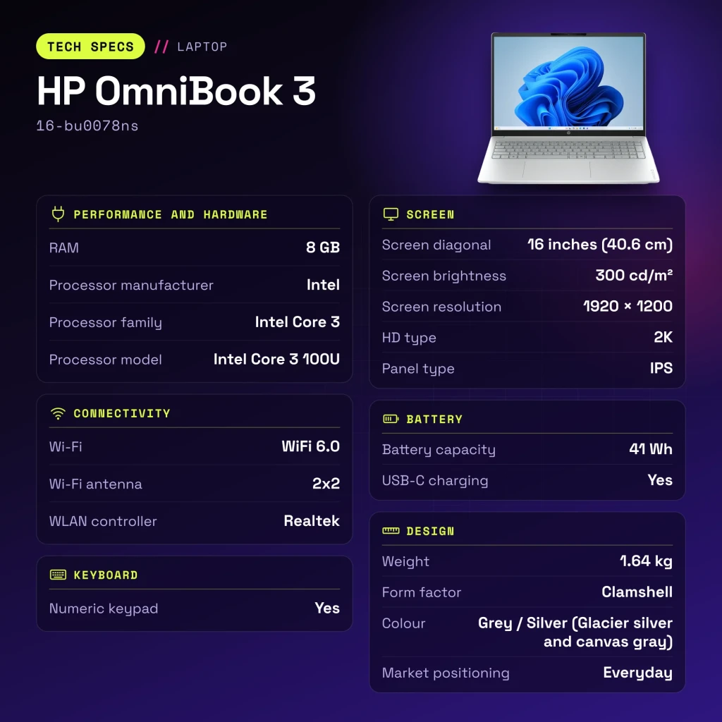Portátil HP OmniBook 3 8GB/512GB 16 polegadas IPS 2K Intel Core 3 100U SSD NVMe PCIe 4.0 Windows 11 Home Cinzento 16-bu0078ns - características