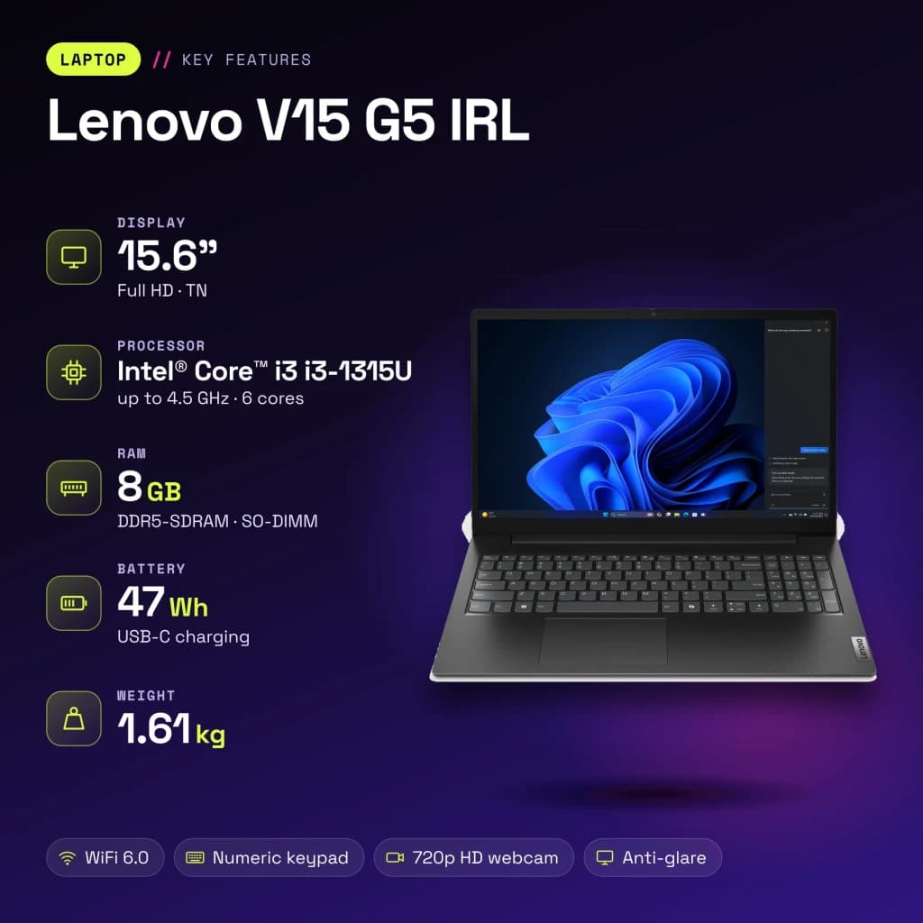 Portátil Lenovo V15 G5 IRL 8GB/256GB 15,6 polegadas FHD Intel Core i3-1315U SSD NVMe PCIe 4.0 Windows 11 Home Preto Teclado Francês - características