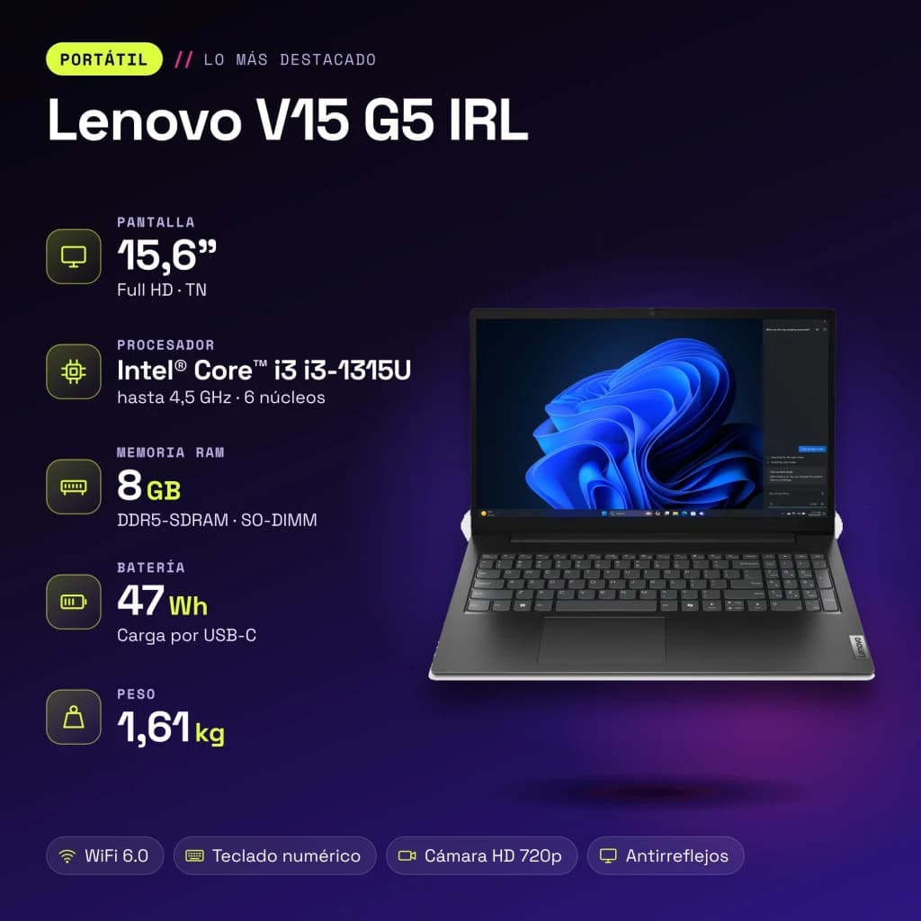 Portátil Lenovo V15 G5 IRL 8GB/256GB 15,6 polegadas FHD Intel Core i3-1315U SSD NVMe PCIe 4.0 Windows 11 Home Preto Teclado Francês - características