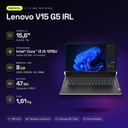 Portátil Lenovo V15 G5 IRL 8GB/256GB 15,6 polegadas FHD Intel Core i3-1315U SSD NVMe PCIe 4.0 Windows 11 Home Preto Teclado Francês - características