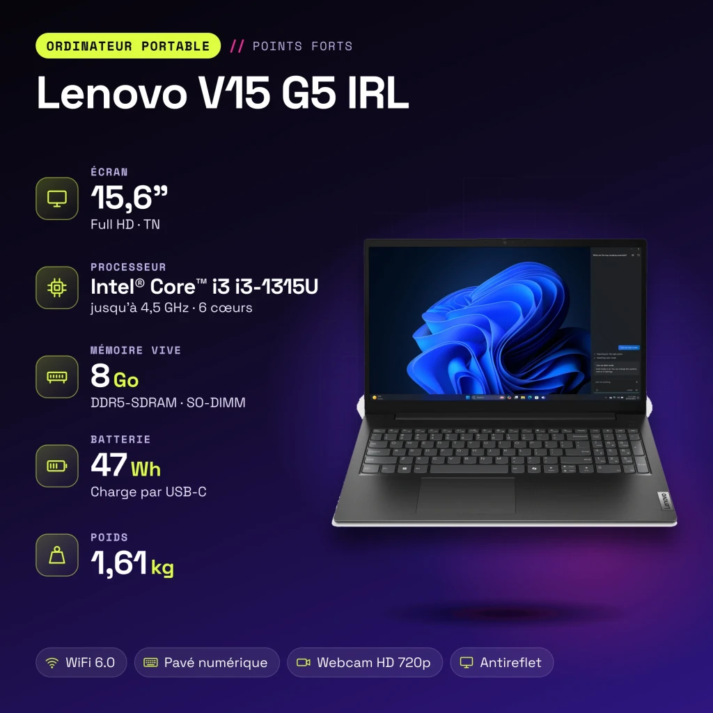 PC portable Lenovo V15 G5 IRL 8 Go/256 Go 15,6 pouces FHD Intel Core i3-1315U SSD NVMe PCIe 4.0 Windows 11 Home Noir Clavier français - caractéristiques