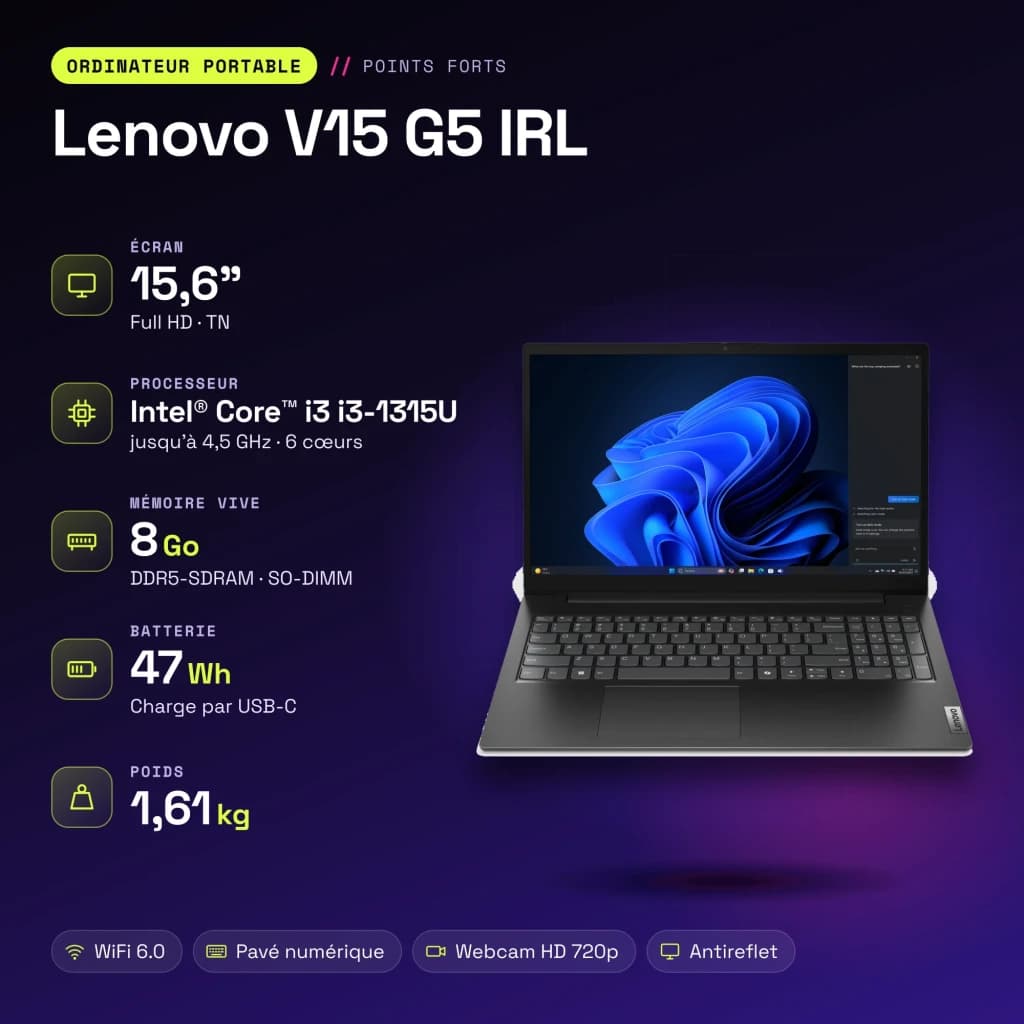 Portátil Lenovo V15 G5 IRL 8GB/256GB 15,6 polegadas FHD Intel Core i3-1315U SSD NVMe PCIe 4.0 Windows 11 Home Preto Teclado Francês - características