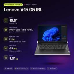 Portátil Lenovo V15 G5 IRL 8GB/256GB 15,6 polegadas FHD Intel Core i3-1315U SSD NVMe PCIe 4.0 Windows 11 Home Preto Teclado Francês - características