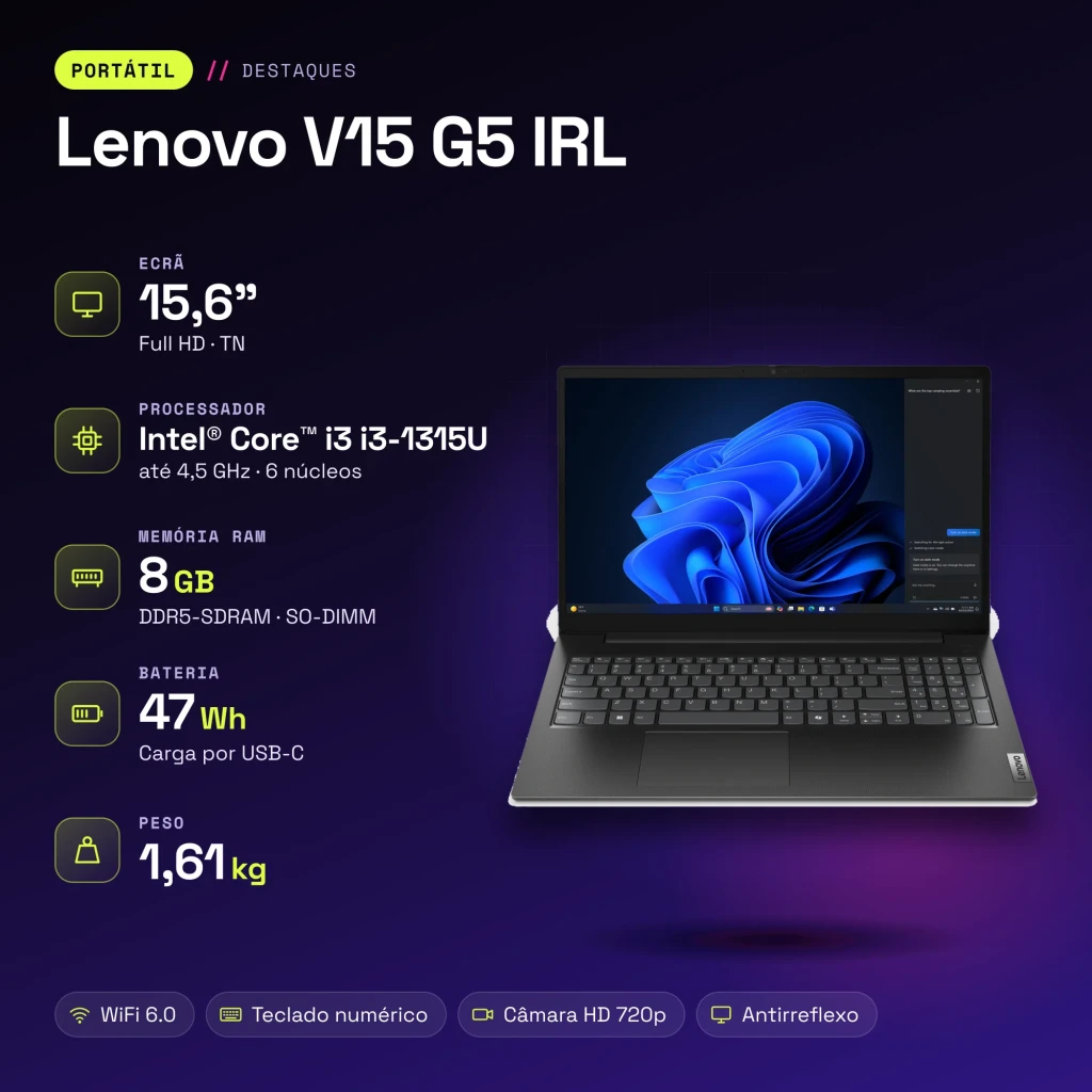 Portátil Lenovo V15 G5 IRL 8GB/256GB 15,6 polegadas FHD Intel Core i3-1315U SSD NVMe PCIe 4.0 Windows 11 Home Preto Teclado Francês - características
