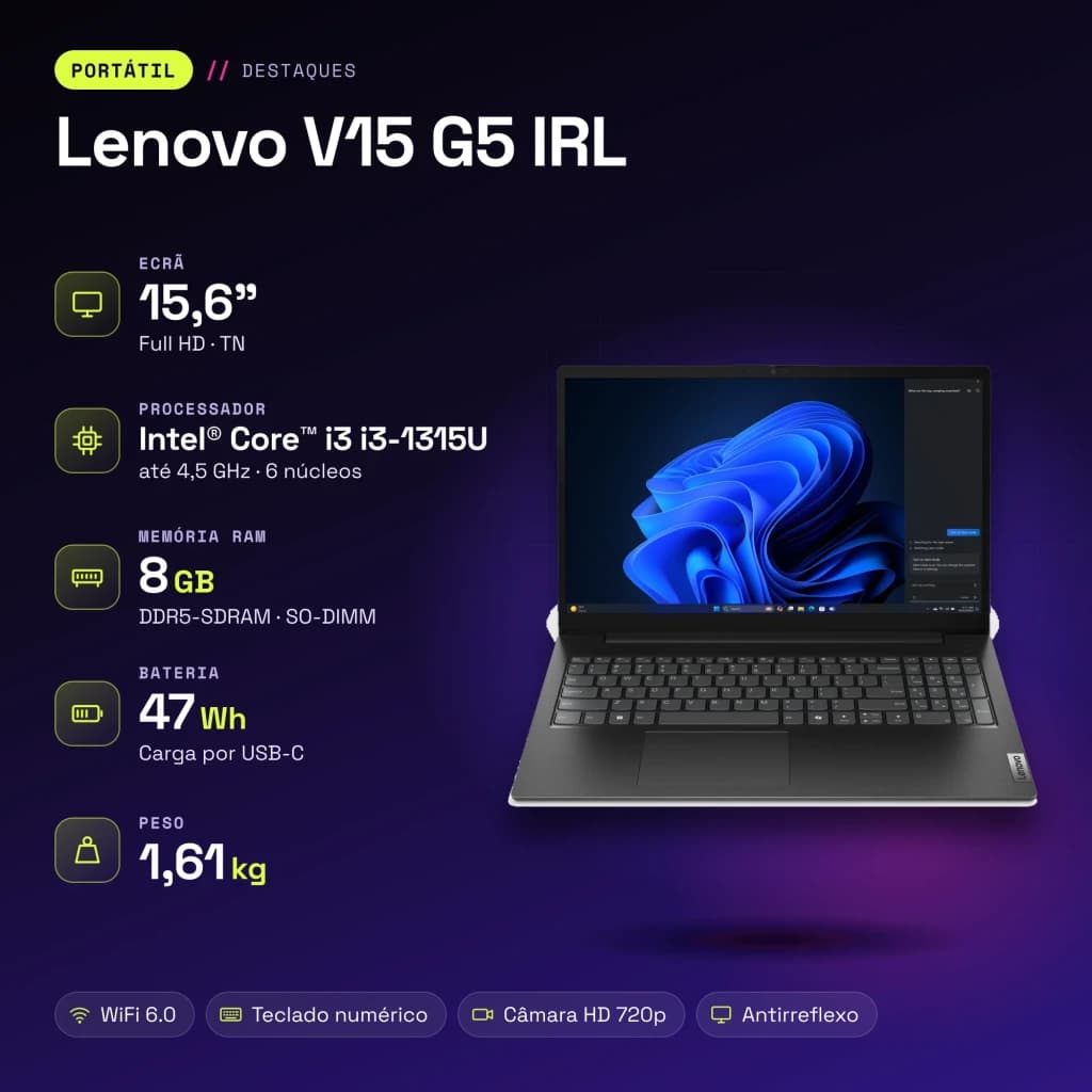 Portátil Lenovo V15 G5 IRL 8GB/256GB 15,6 polegadas FHD Intel Core i3-1315U SSD NVMe PCIe 4.0 Windows 11 Home Preto Teclado Francês - características
