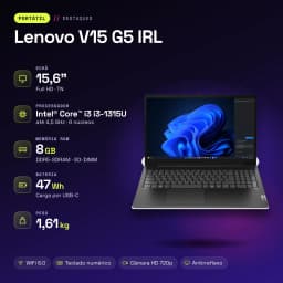 Portátil Lenovo V15 G5 IRL 8GB/256GB 15,6 polegadas FHD Intel Core i3-1315U SSD NVMe PCIe 4.0 Windows 11 Home Preto Teclado Francês - características