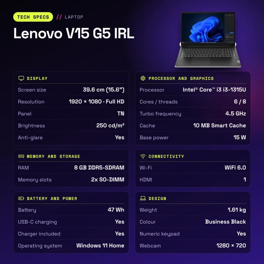 Portátil Lenovo V15 G5 IRL 8GB/256GB 15,6 polegadas FHD Intel Core i3-1315U SSD NVMe PCIe 4.0 Windows 11 Home Preto Teclado Francês - características