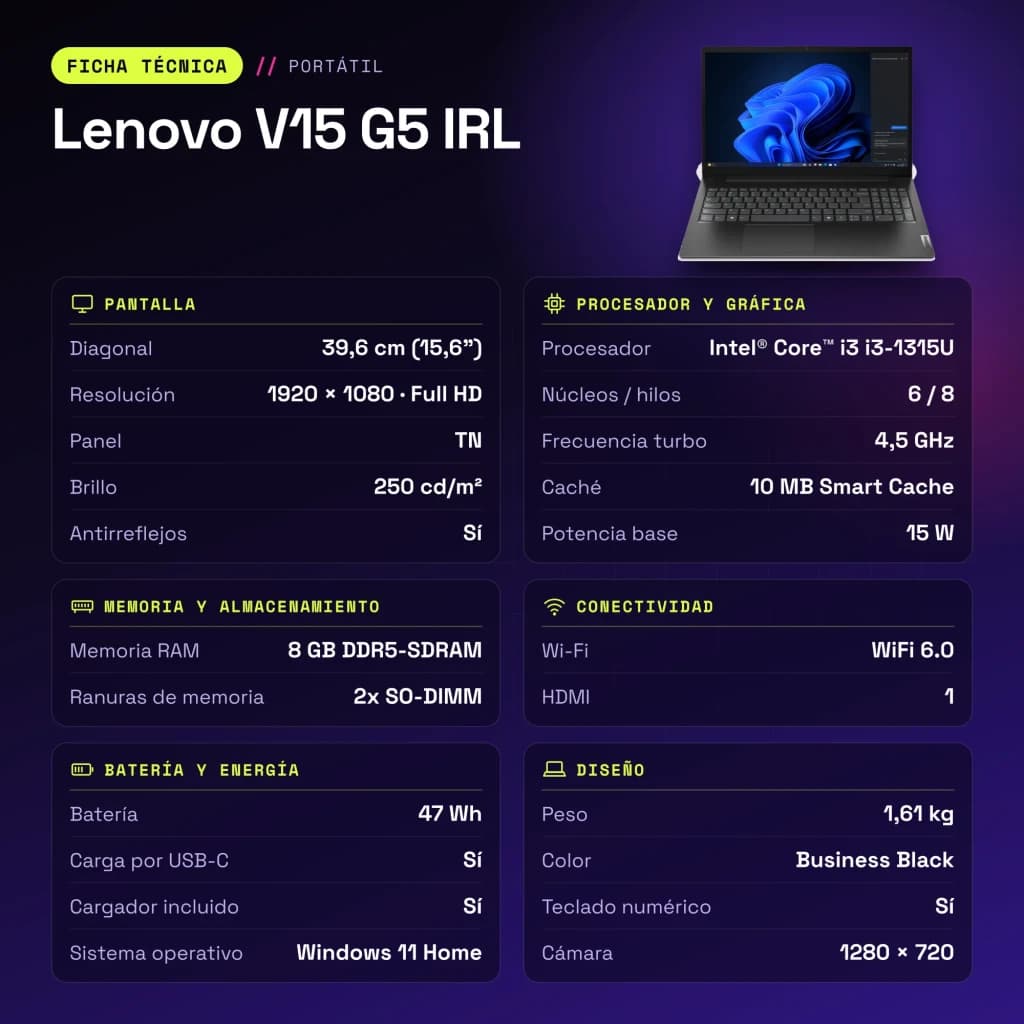 Portátil Lenovo V15 G5 IRL 8GB/256GB 15,6 polegadas FHD Intel Core i3-1315U SSD NVMe PCIe 4.0 Windows 11 Home Preto Teclado Francês - características