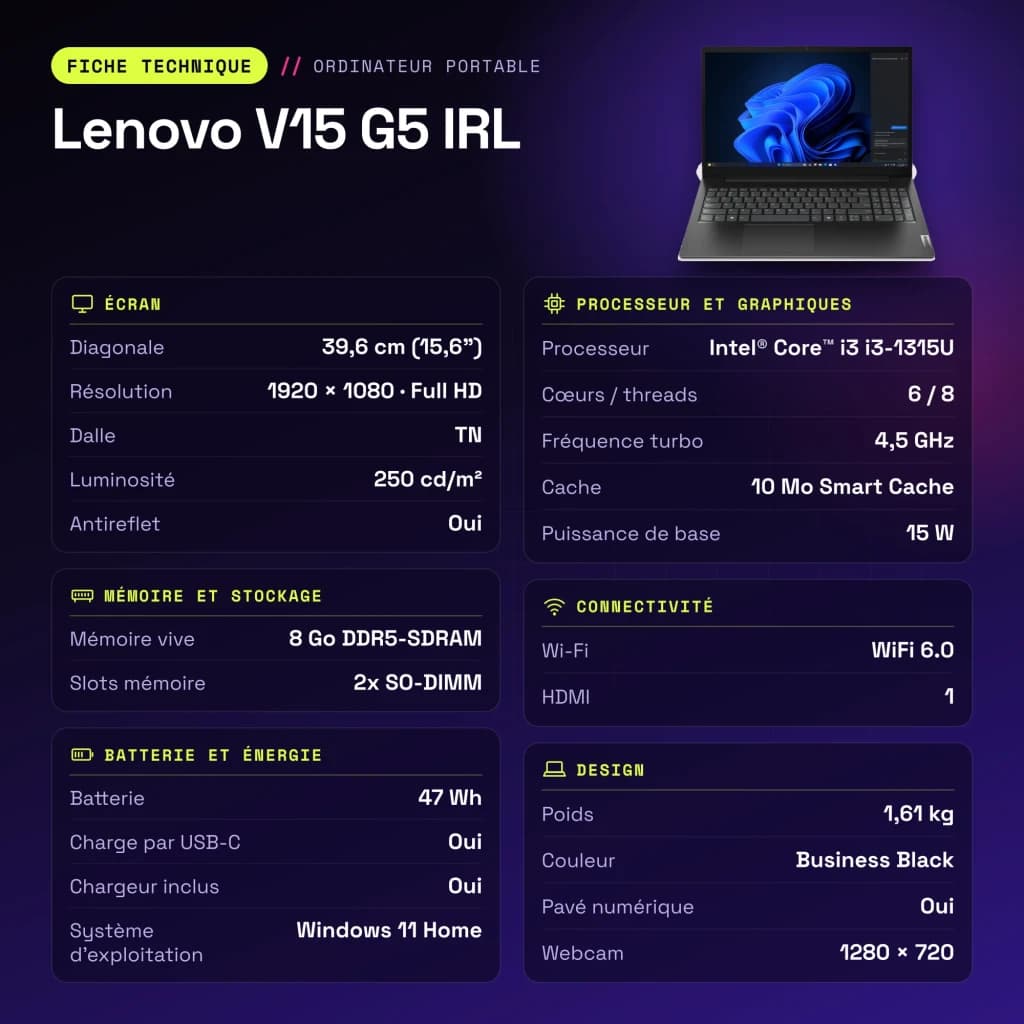 Portátil Lenovo V15 G5 IRL 8GB/256GB 15,6 polegadas FHD Intel Core i3-1315U SSD NVMe PCIe 4.0 Windows 11 Home Preto Teclado Francês - características