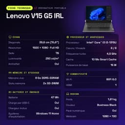 Portátil Lenovo V15 G5 IRL 8GB/256GB 15,6 polegadas FHD Intel Core i3-1315U SSD NVMe PCIe 4.0 Windows 11 Home Preto Teclado Francês - características