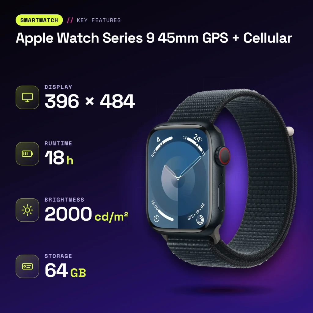 Apple Watch Series 9 45mm GPS + Cellular Medianoche 4G LTE NFC - características