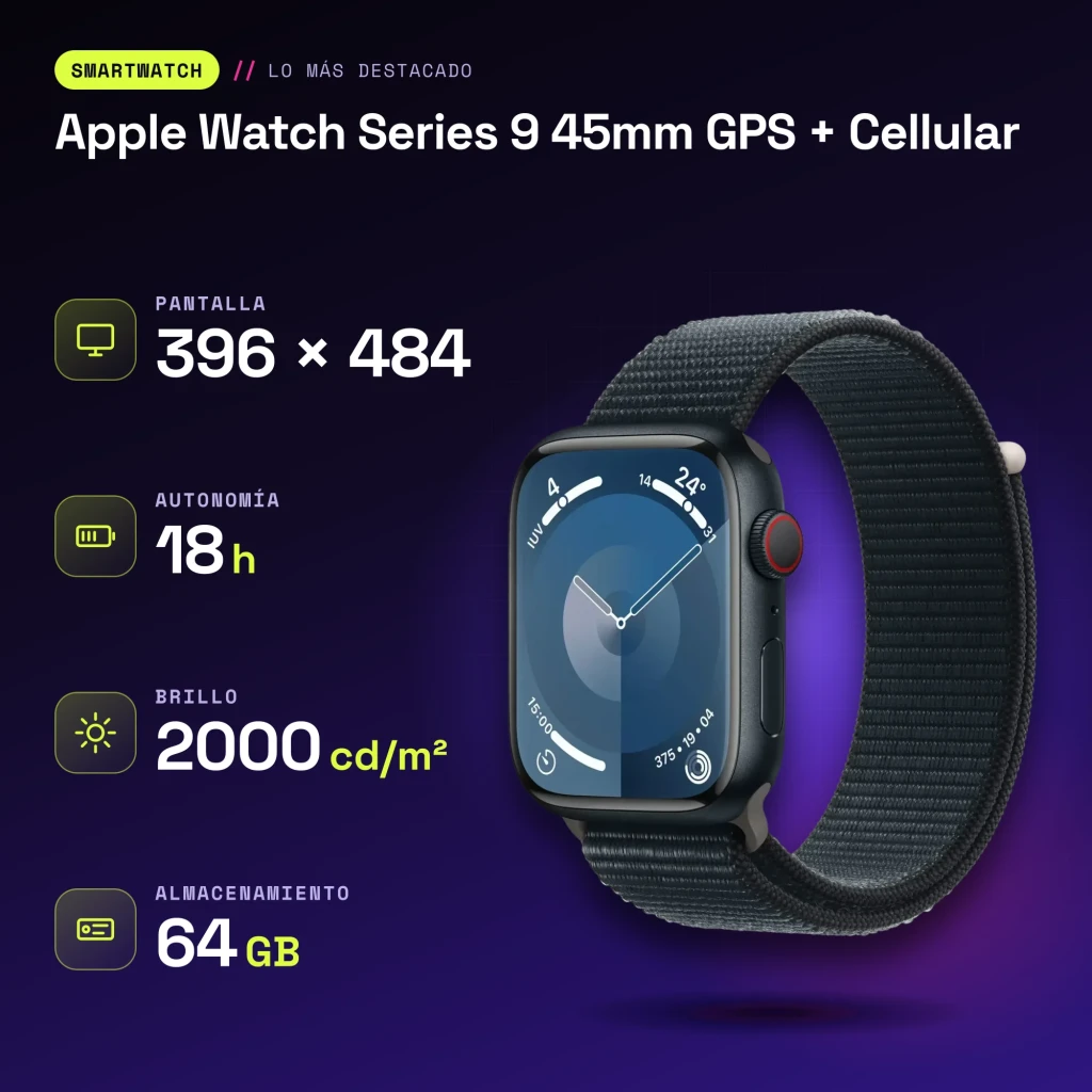 Apple Watch Series 9 45mm GPS + Cellular Medianoche 4G LTE NFC - características