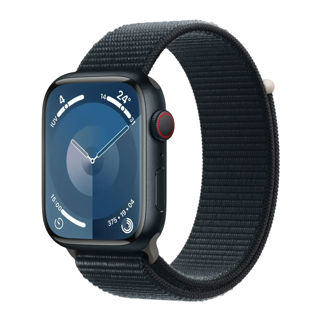Apple Watch Series 9 45mm GPS + Cellular Medianoche 4G LTE NFC, vista frontal: esfera analógica azul, corona Digital Crown