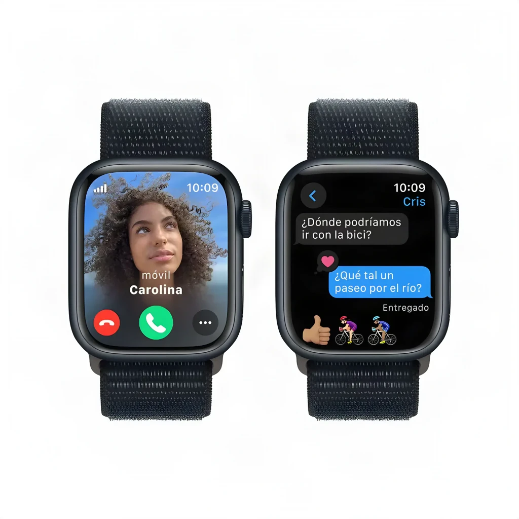 Apple Watch Series 9 45mm GPS + Cellular Medianoche 4G LTE NFC, vista frontal doble: llamada entrante y conversación