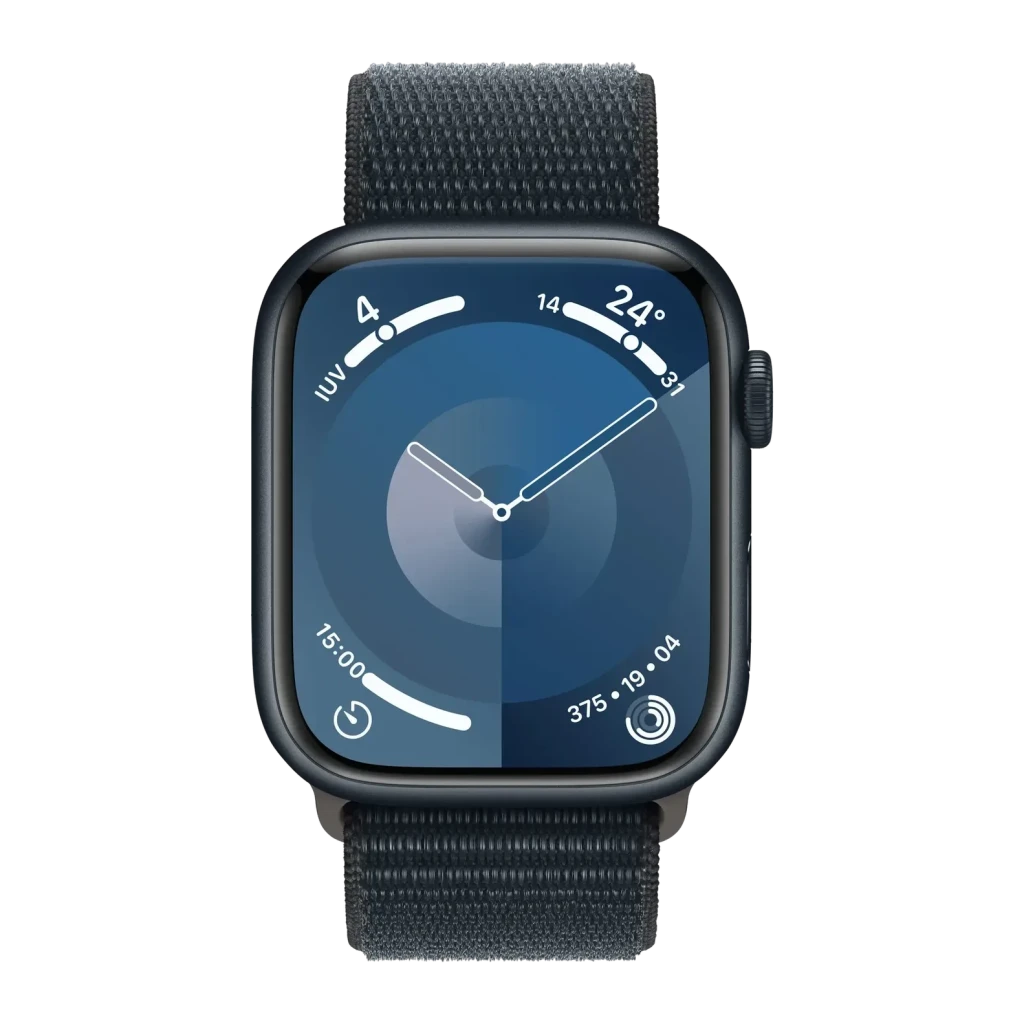 Apple Watch Series 9 45mm GPS + Cellular Medianoche 4G LTE NFC, detalle: esfera Meridian azul con correa loop tejida