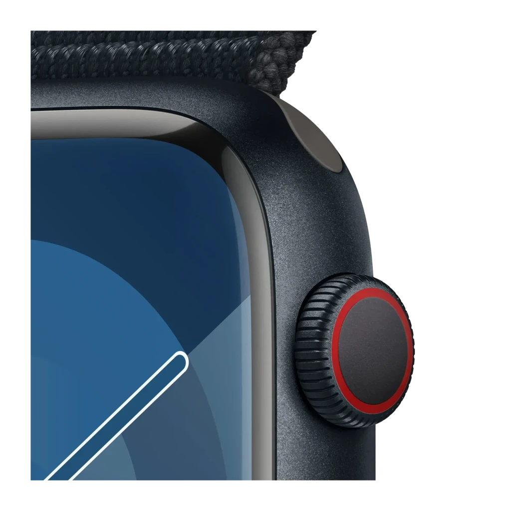 Apple Watch Series 9 45mm GPS + Cellular Medianoche 4G LTE NFC, detalle: corona Digital Crown con anillo rojo y botón