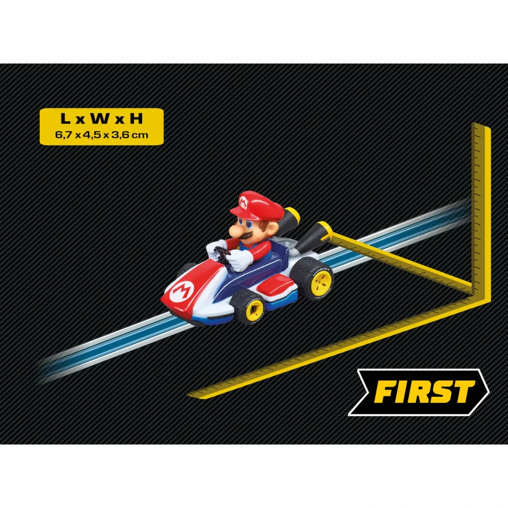 Coche Carrera First Nintendo Mario Kart Mario 20065002 1 vehículo 3+ años, medidas: kart en pista con regla, dimensiones