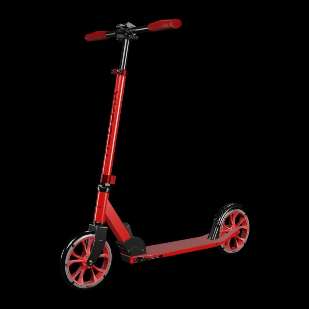 Trotinete Hudora Up 200 8 polegadas Vermelho, vista frontal: guidão regulável, plataforma e rodas grandes em vermelho e preto