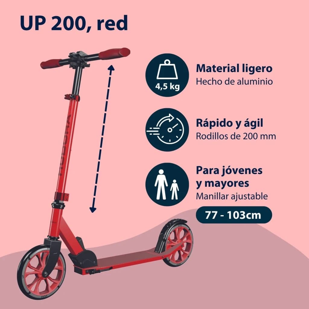 Trotinete Hudora Up 200 8 polegadas Vermelho, infografia: alumínio 4,5 kg, rodas 200 mm, guiador ajustável 77-103 cm