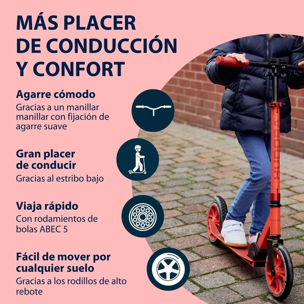 Trotinete Hudora Up 200 8 polegadas Vermelho, infografia: criança a andar no exterior com ícones de guidão, rolamentos