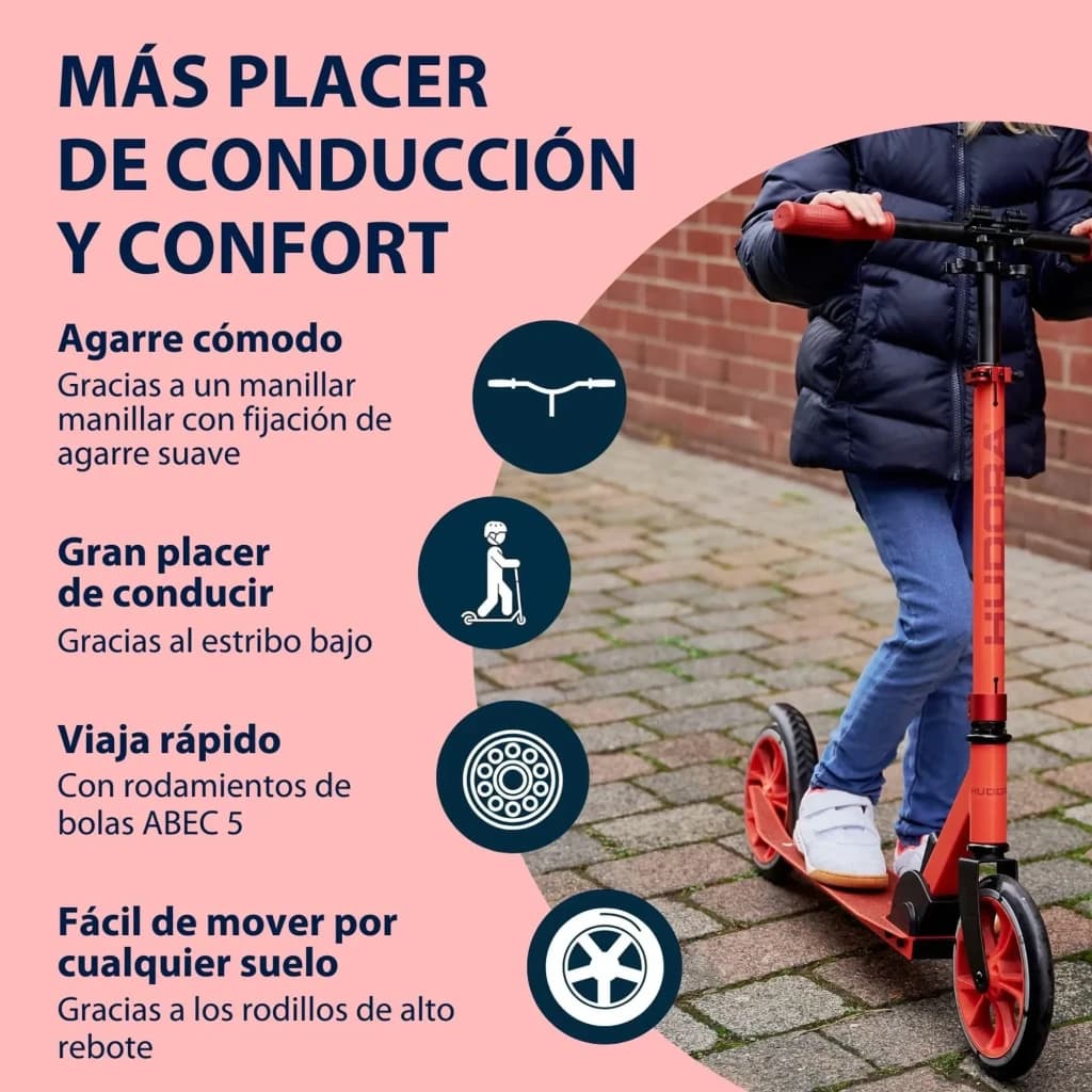 Trotinete Hudora Up 200 8 polegadas Vermelho, infografia: criança a andar no exterior com ícones de guidão, rolamentos