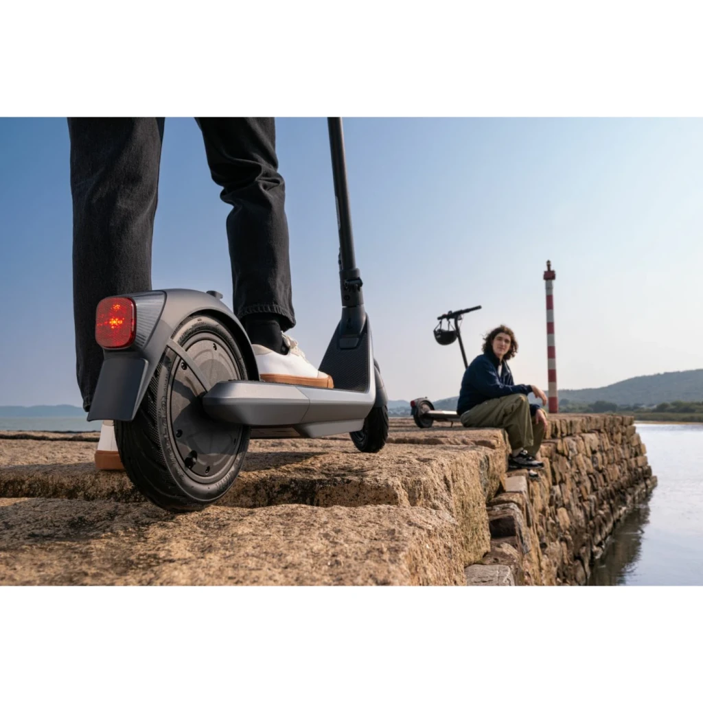 Trottinette électrique Ninebot KickScooter E2 Pro D 20km/h Gris, en utilisation: angle arrière bas sur quai, roue et feu