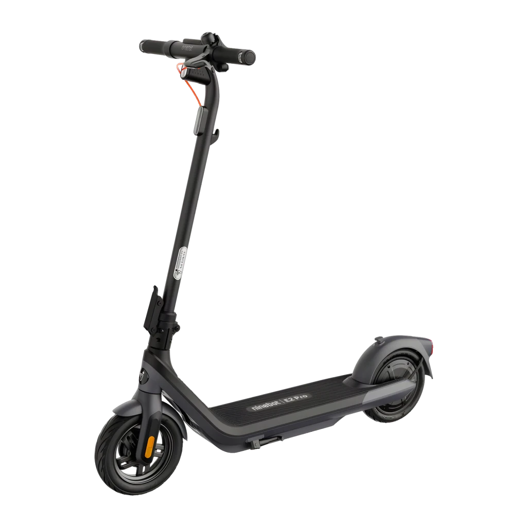 Trottinette électrique Ninebot KickScooter E2 Pro D 20km/h Gris, détail latéral: guidon, plateforme texturée et roues