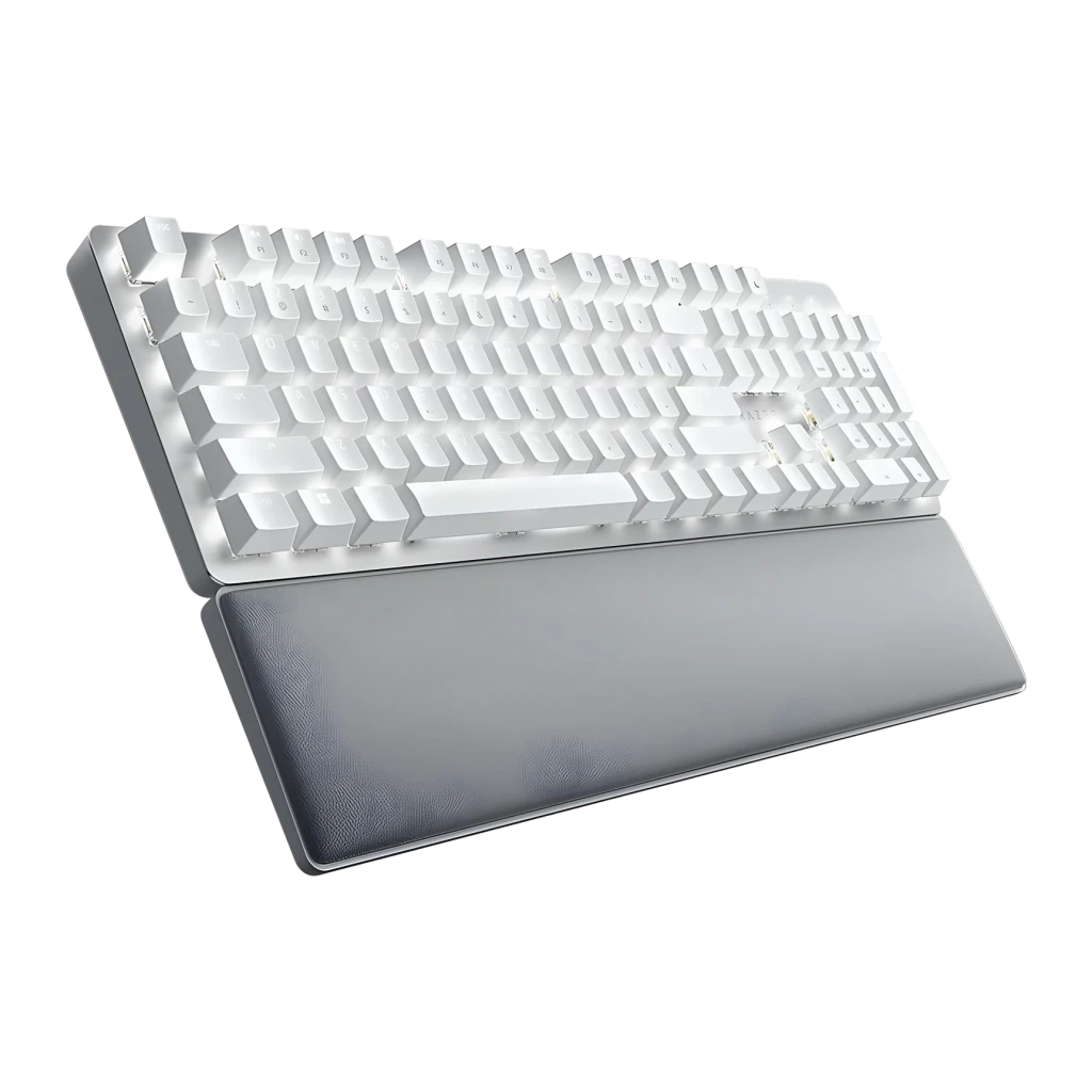 Teclado Razer Pro Type Ultra Inalámbrico Mecánico Razer Amarillo LED Blanco, detalle: vista en ángulo con retroiluminación