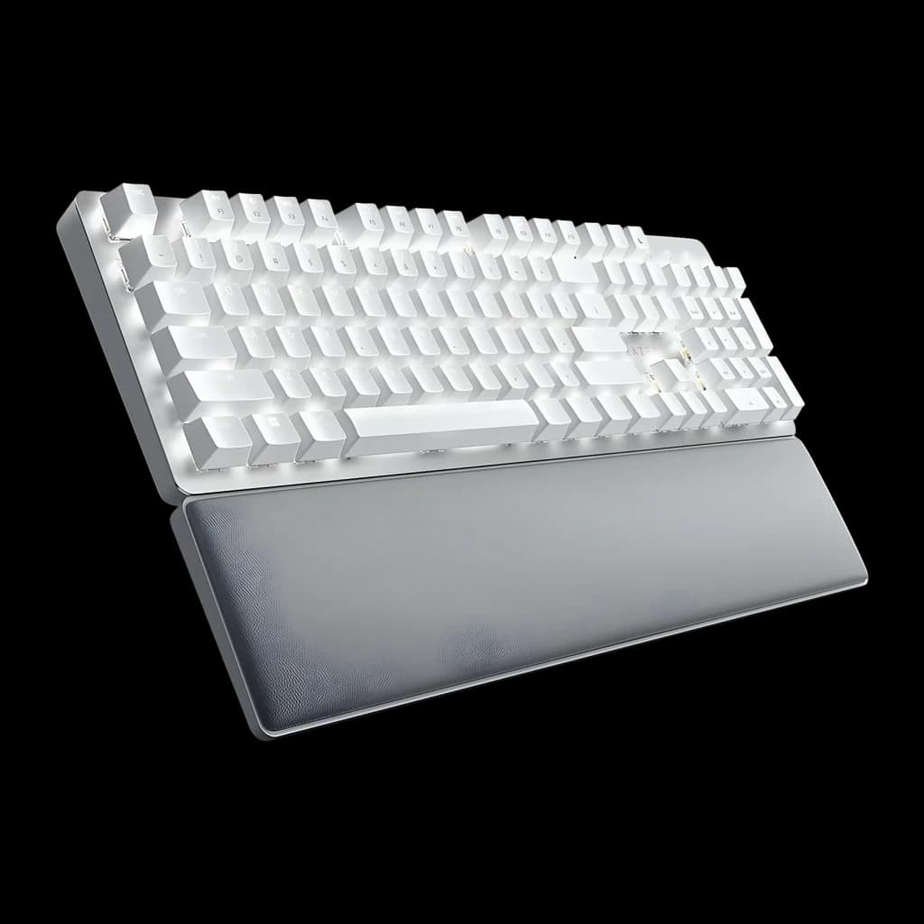 Teclado Razer Pro Type Ultra Inalámbrico Mecánico Razer Amarillo LED Blanco, detalle: vista en ángulo con retroiluminación