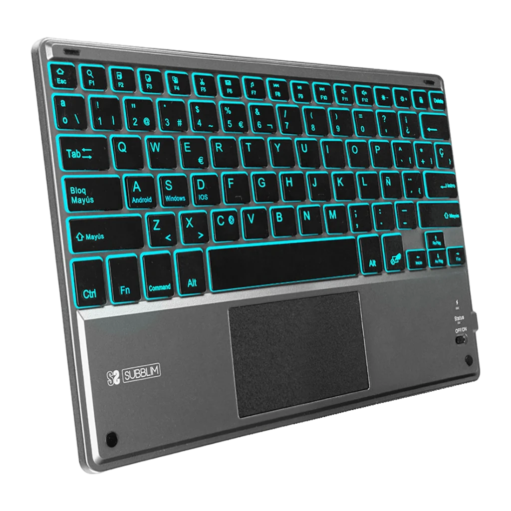 Teclado SUBBLIM Smart Backlit BT Keyboard Touchpad Cinzento Bluetooth, vista frontal: retroiluminação cyan, touchpad