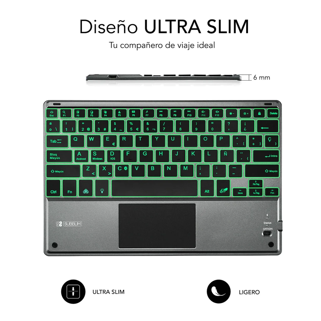 Teclado SUBBLIM Smart Backlit BT Keyboard Touchpad Cinzento Bluetooth, detalhe: retroiluminação verde, espessura 6 mm