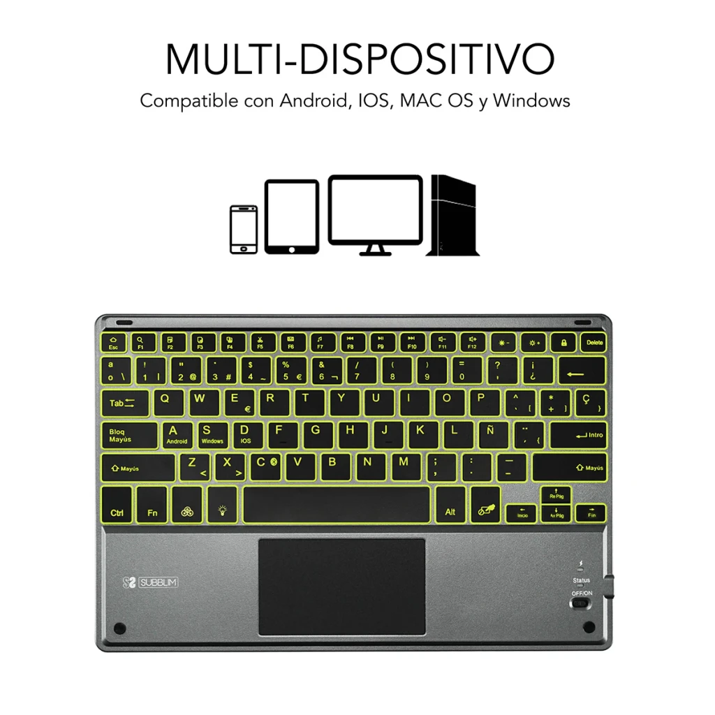 Teclado SUBBLIM Smart Backlit BT Keyboard Touchpad Cinzento Bluetooth, detalhe: retroiluminação amarela e compatibilidade