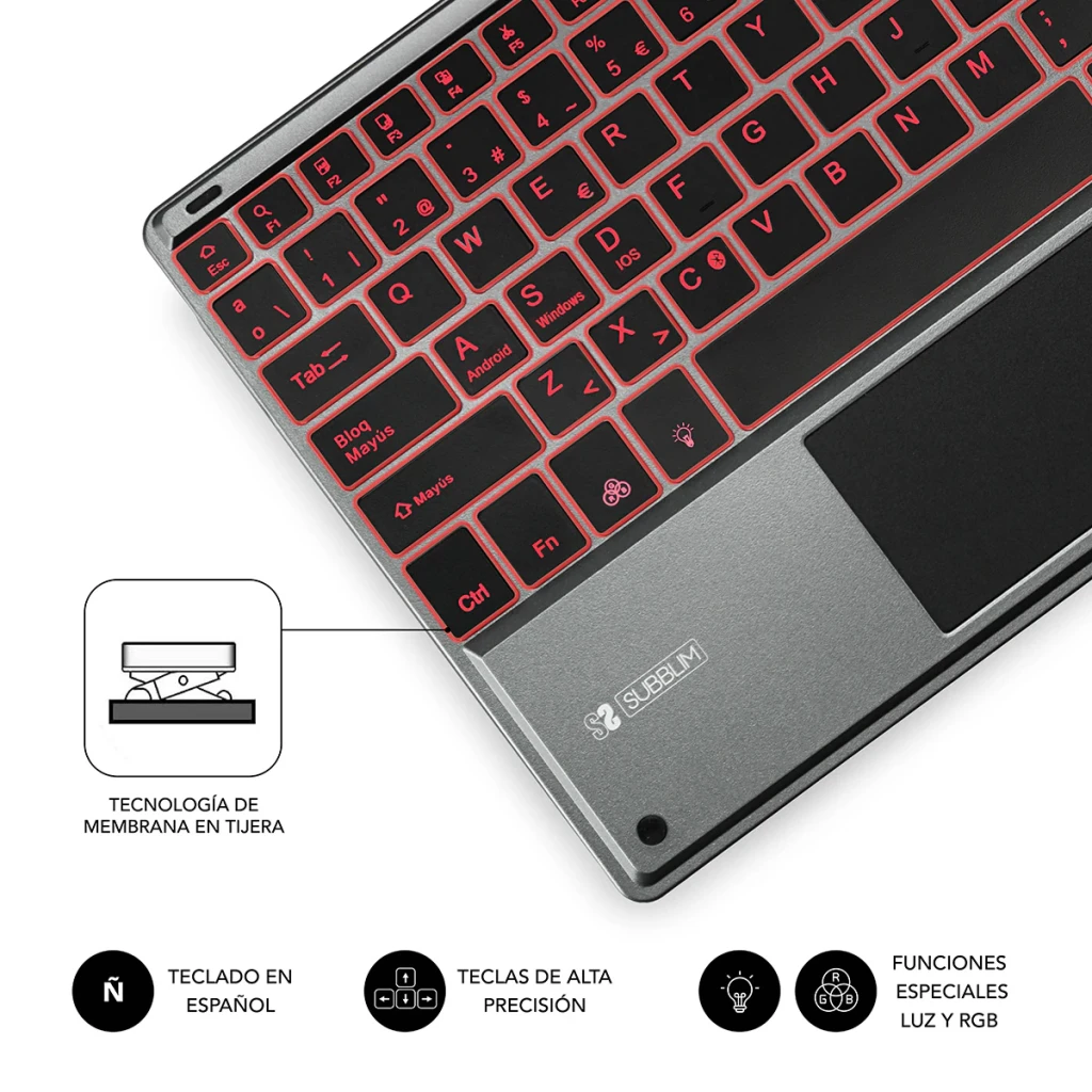 Teclado SUBBLIM Smart Backlit BT Keyboard Touchpad Cinzento Bluetooth, detalhe: teclas retroiluminadas a vermelho, touchpad