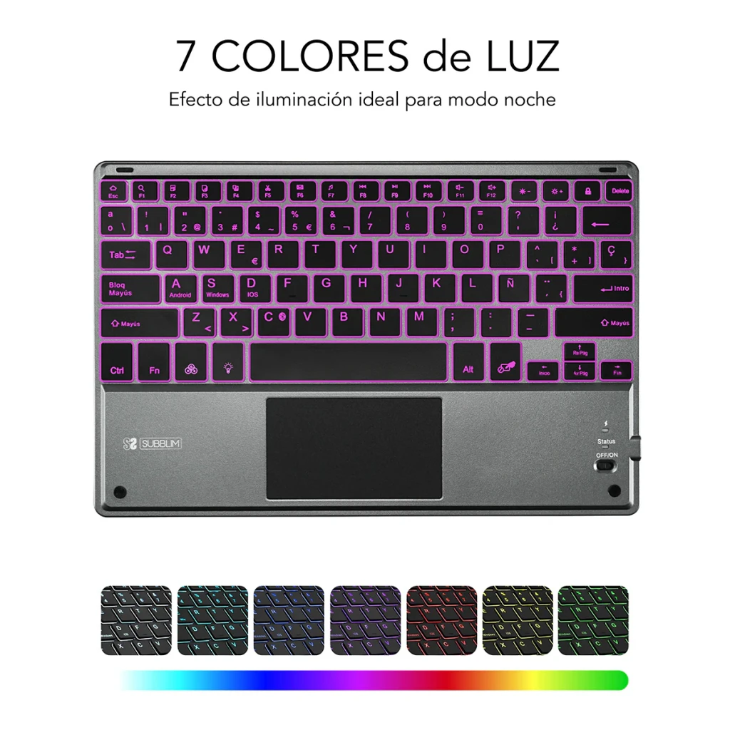 Teclado SUBBLIM Smart Backlit BT Keyboard Touchpad Cinzento Bluetooth, detalhe: retroiluminação roxa e 7 cores de luz