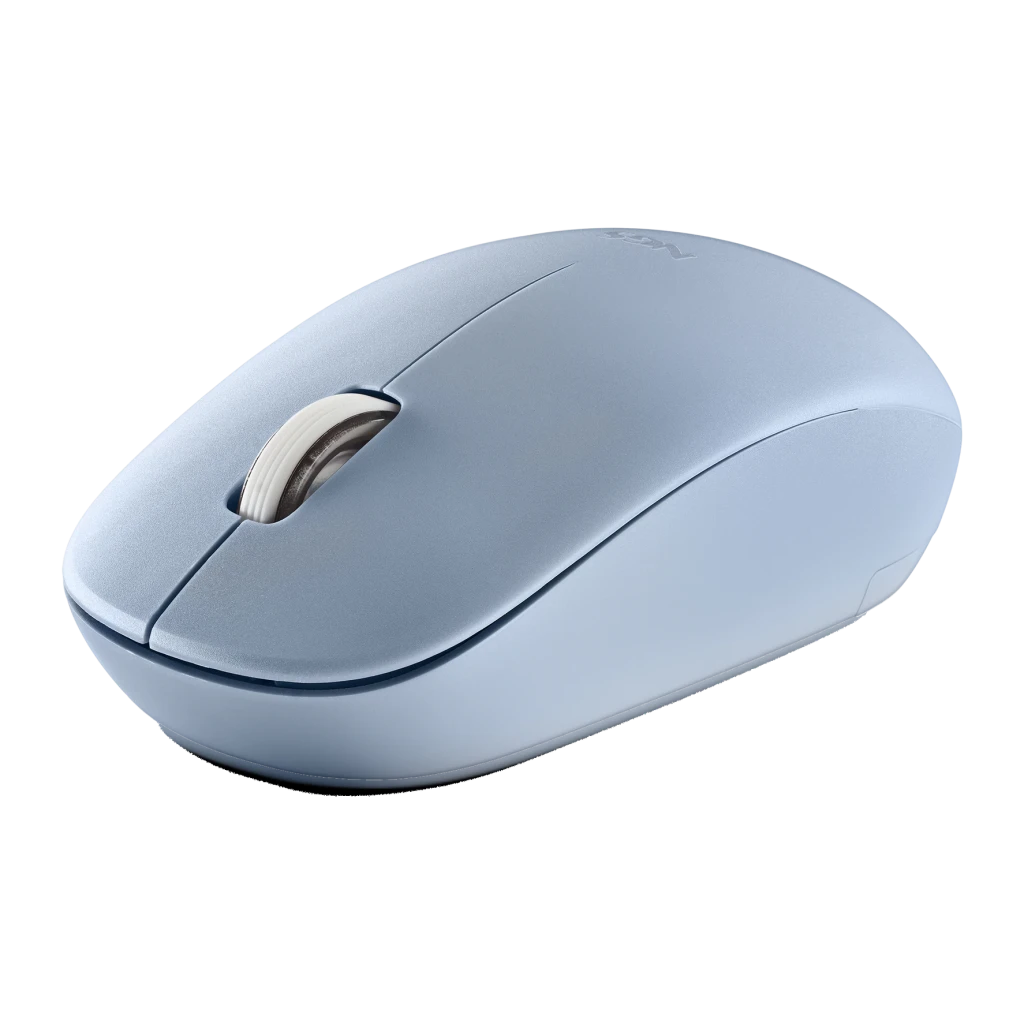 Ratón NGS Fog Pro Azul Inalámbrico Ergonómico Silencioso, vista lateral: cuerpo azul metalizado, rueda blanca y logo NGS