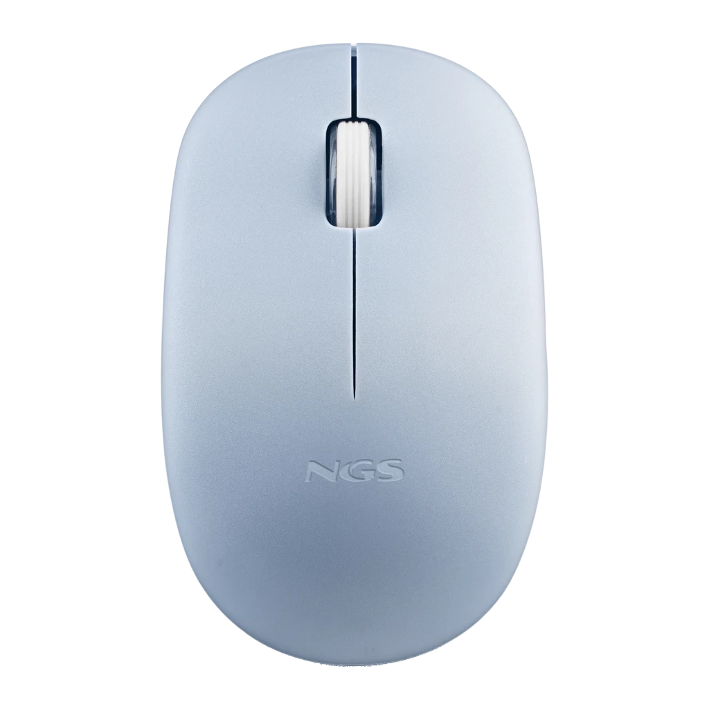 Ratón NGS Fog Pro Azul Inalámbrico Ergonómico Silencioso, vista superior: rueda blanca y logo NGS sobre carcasa azul mate