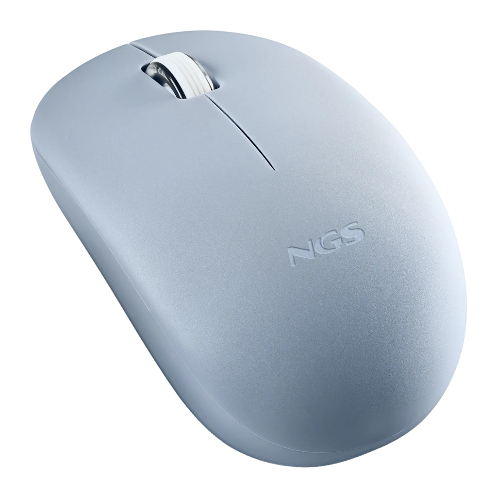 Ratón NGS Fog Pro Azul Inalámbrico Ergonómico Silencioso, vista superior: cuerpo azul mate, rueda blanca y logo NGS