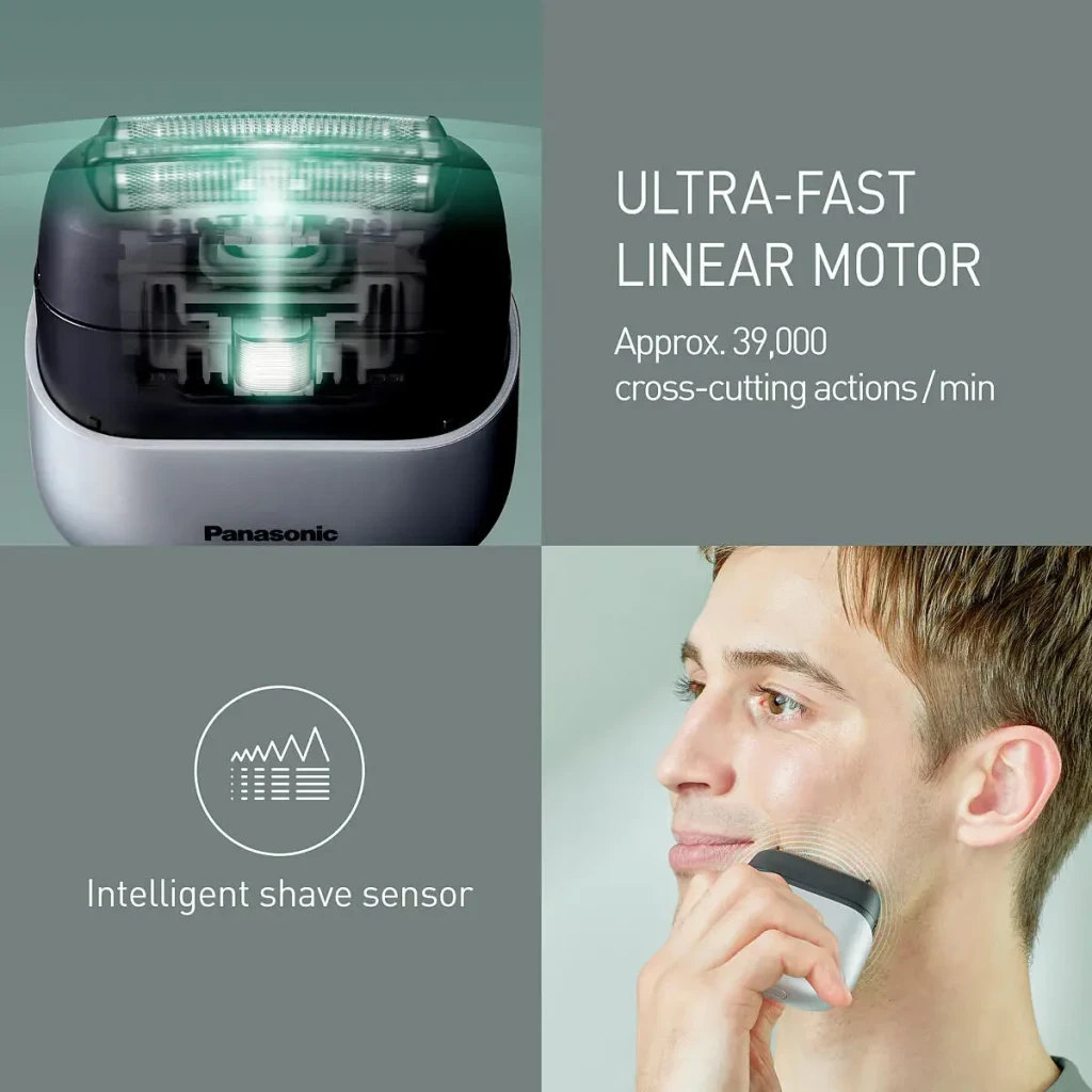 Máquina de Barbear Panasonic ES-CM3BKS503 3lâminas Preto, detalhe: motor linear, sensor inteligente e uso na face