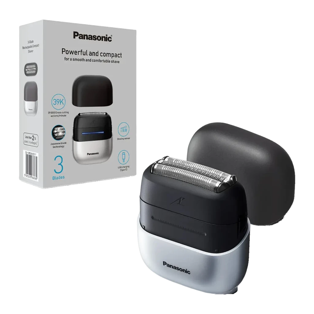 Máquina de Barbear Panasonic ES-CM3BKS503 3lâminas Preto, caixa e produto: barbeador com estojo e embalagem
