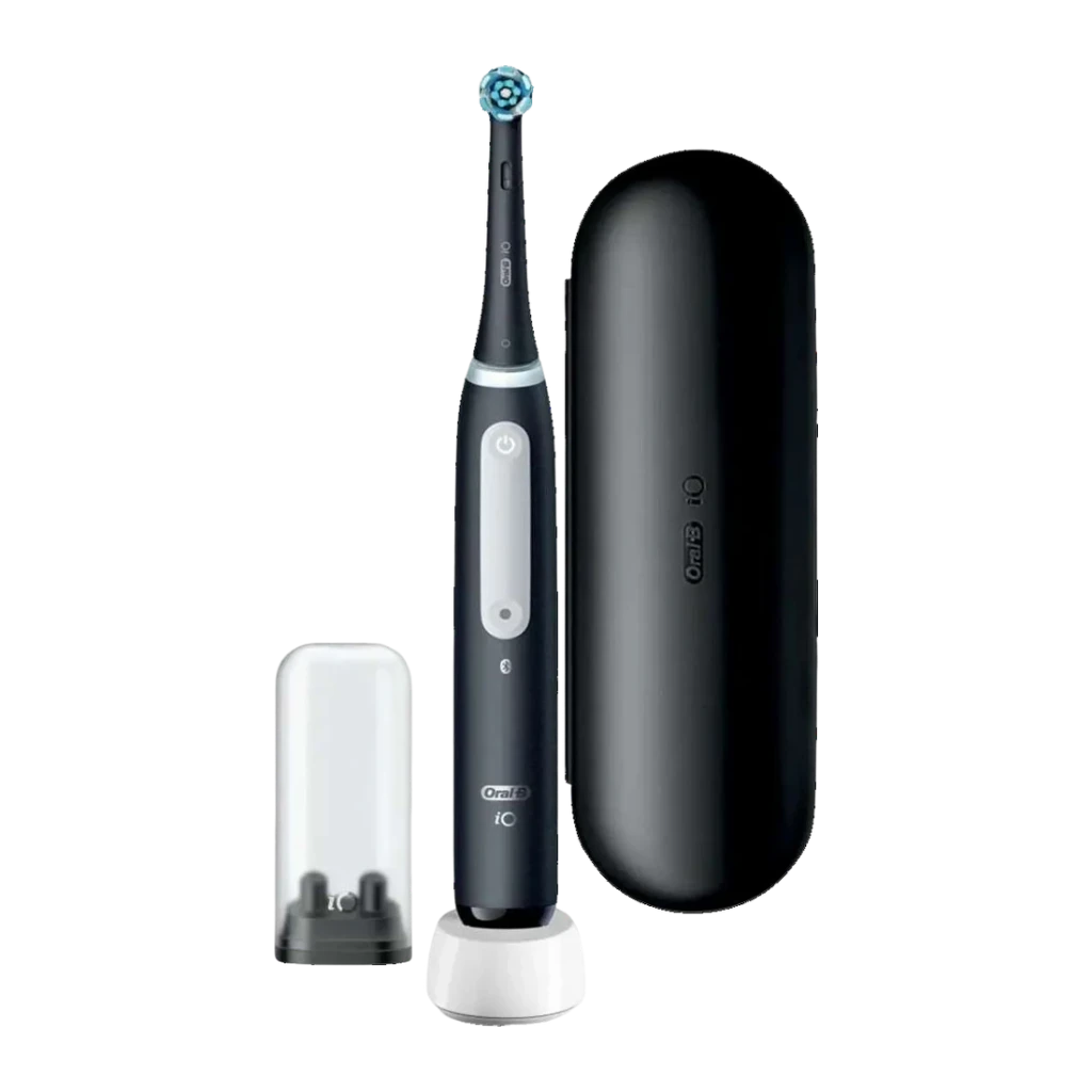 Cepillo Eléctrico Oral-B iO Series 5 Oscilante Sin Cable Modos Negro, detalle: cepillo en base cargadora, funda de viaje