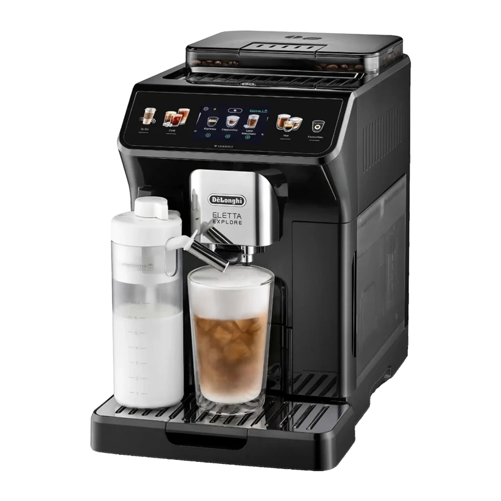 Cafetera superautomática De'Longhi Eletta Explore ECAM 450.65.G Gris Oscuro, vista frontal: pantalla táctil, jarra de leche