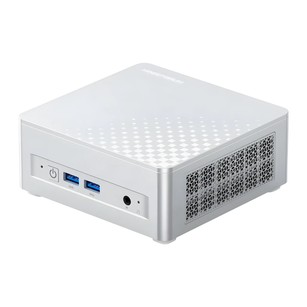 Mini PC Minisforum M1 Plus Core i5-12600H Barebone Intel WiFi 6E, vista frontal-lateral: chasis plateado con rejilla