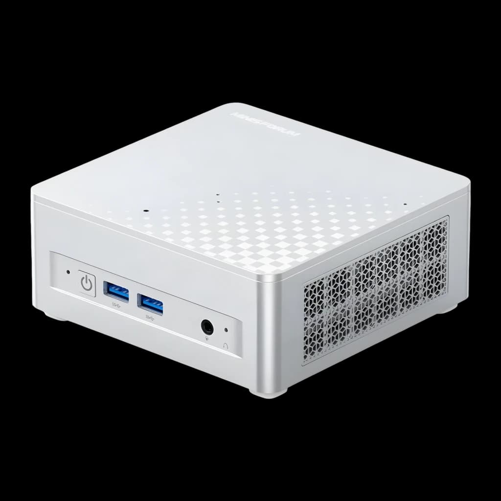 Mini PC Minisforum M1 Plus Core i5-12600H Barebone Intel WiFi 6E, vista frontal-lateral: chasis plateado con rejilla