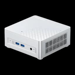 Mini PC Minisforum M1 Plus Core i5-12600H Barebone Intel WiFi 6E, vista frontal-lateral: chasis plateado con rejilla