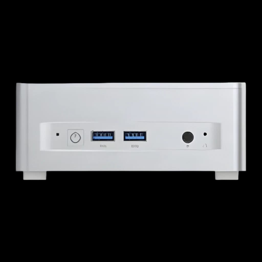 Mini PC Minisforum M1 Plus Core i5-12600H Barebone Intel WiFi 6E, frontal: botón de encendido, dos USB-A azules y jack