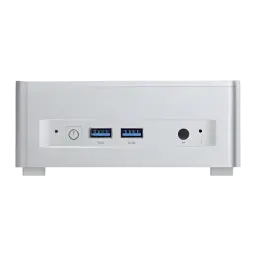 Mini PC Minisforum M1 Plus Core i5-12600H Barebone Intel WiFi 6E, frontal: botón de encendido, dos USB-A azules y jack