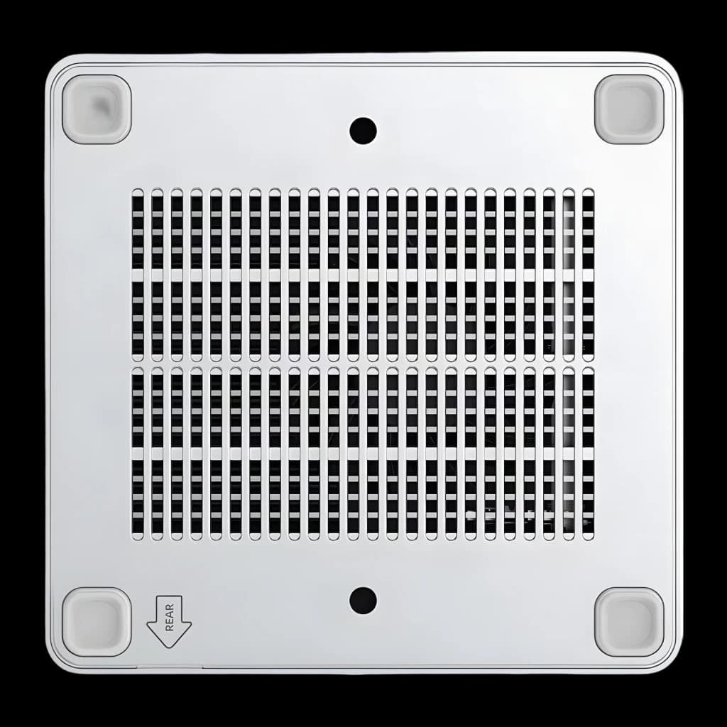 Mini PC Minisforum M1 Plus Core i5-12600H Barebone Intel WiFi 6E, vista inferior: rejilla de ventilación y patas de goma